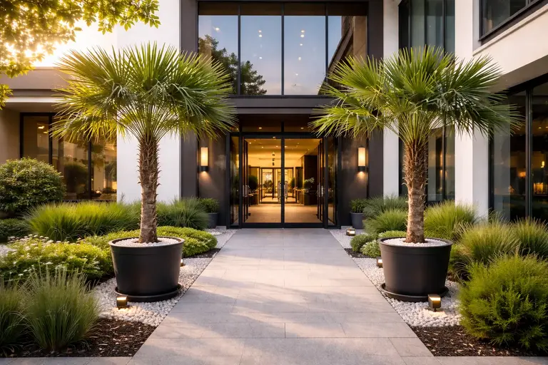 Trachycarpus palmen bij hotel entree
