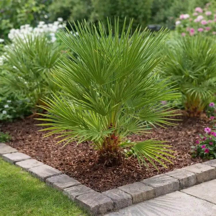 blauwe dwergpalm in border