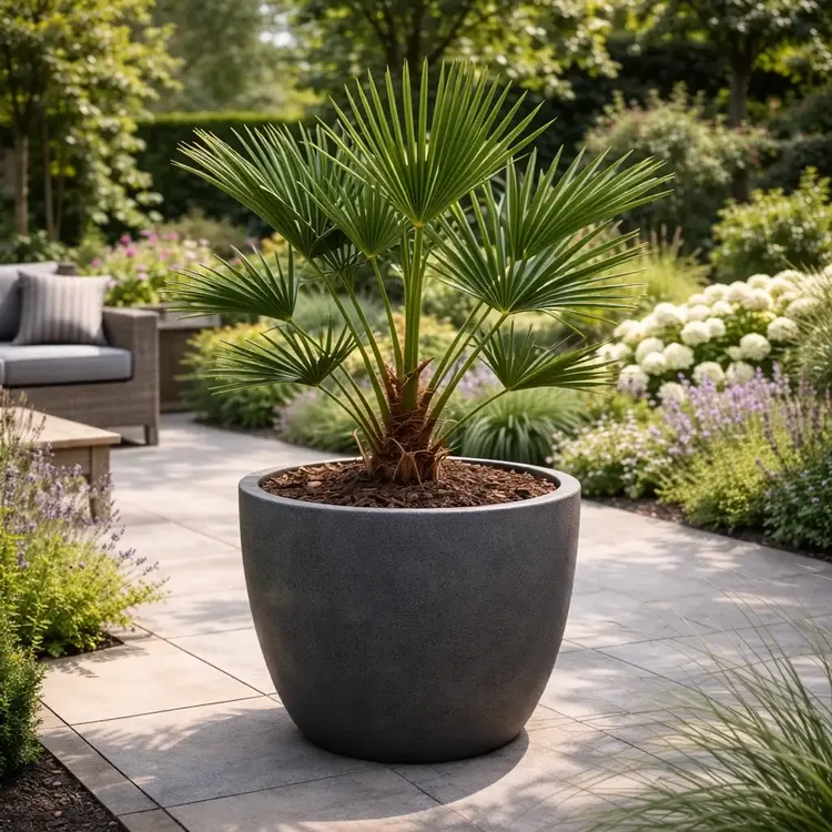 wagnerpalm in grijze pot op terras
